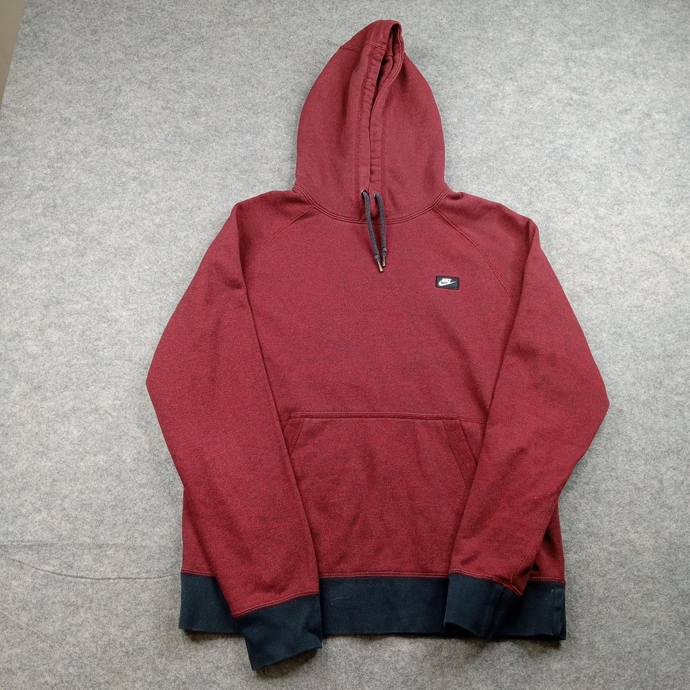 Nike Hoodie‎ Mens Medium Burgundy Black Pullover Sweatshirt Swoosh Logo Kangaroo